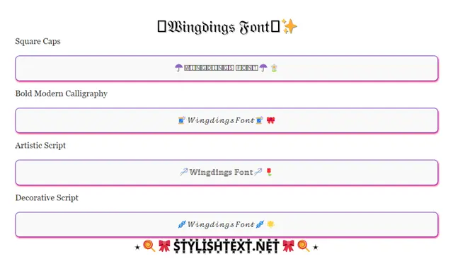 Wingdings Font Stylish Generator 🕿︎👍︎□︎◻︎⍓︎◻︎♋︎■︎♎︎◻︎🏱︎♋︎⬧︎⧫︎♏︎✆︎